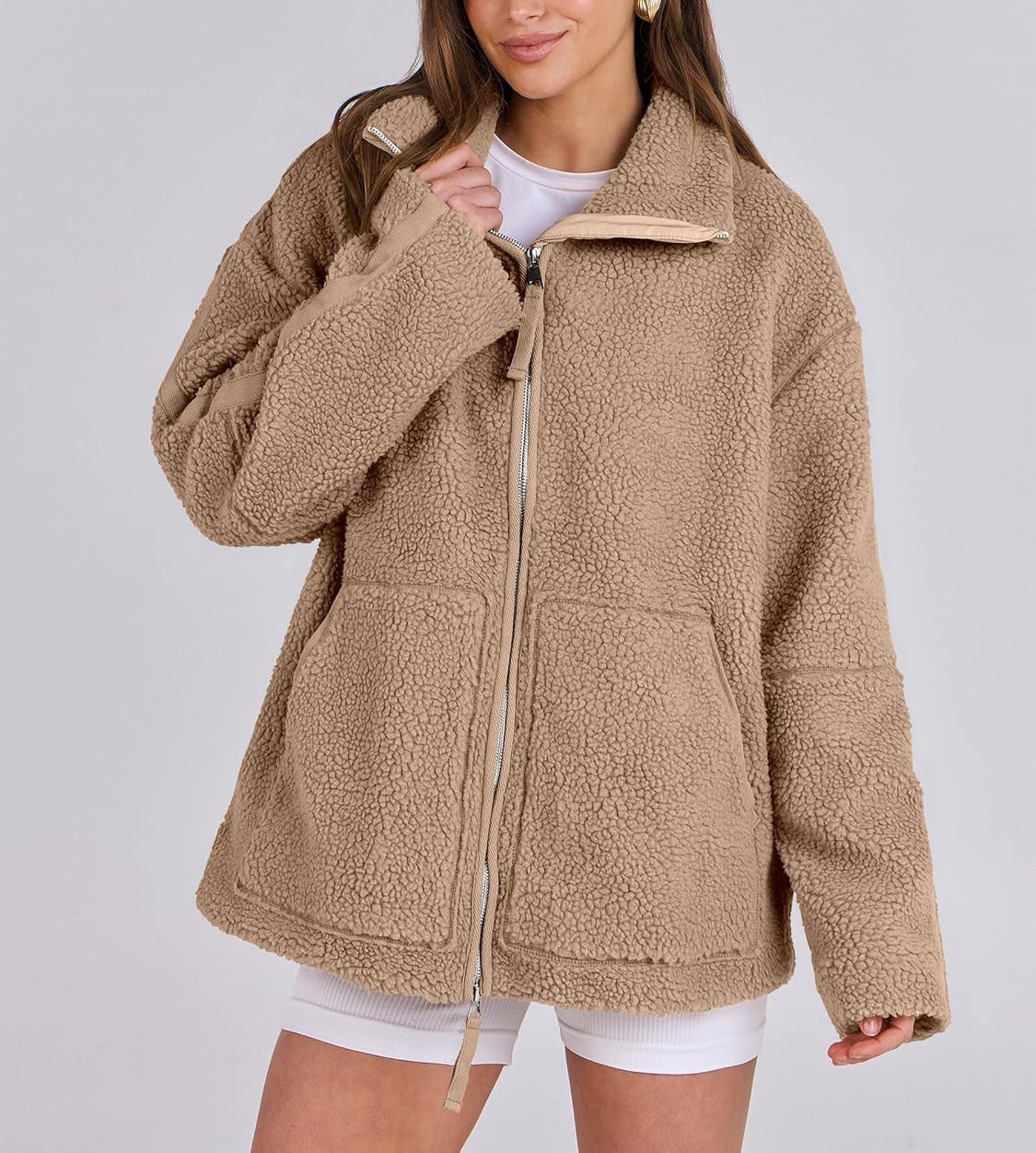 Women's Oversized Fleece Jacket – Zip-Up Long Sleeve Winter Jacket