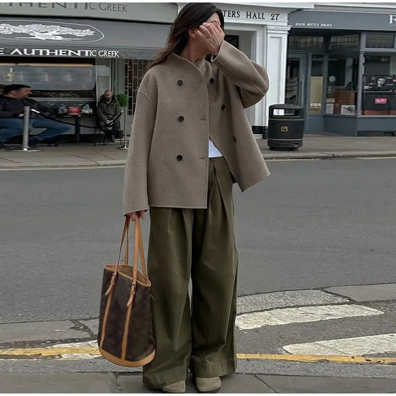 Women's Double-Breasted Winter Coat – Stand Collar Relaxed Coat
