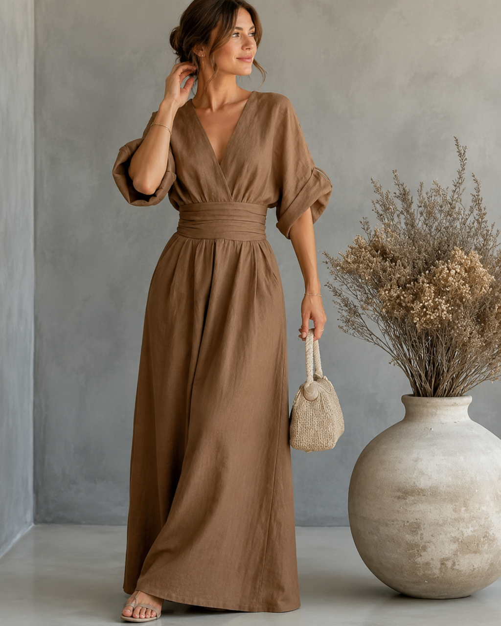 Women's V-Neck Wrap Wide Leg Jumpsuit – Cinched Waist Formal Occasion Jumpsuit