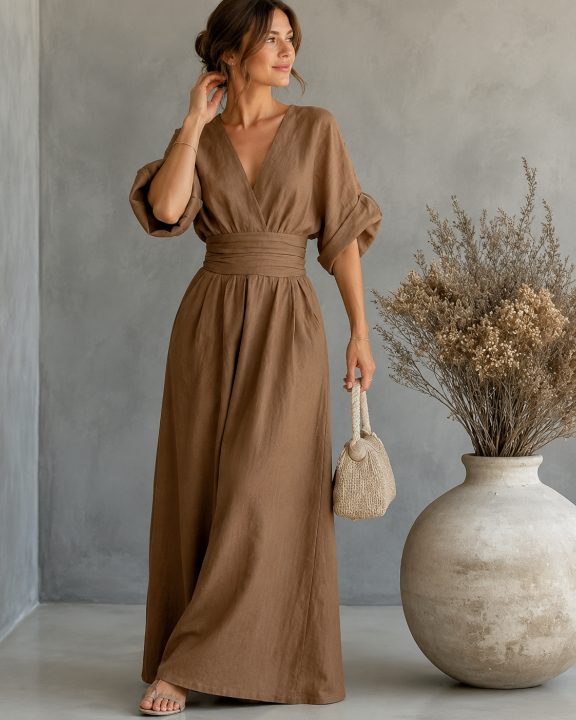 Women's V-Neck Wrap Wide Leg Jumpsuit – Cinched Waist Formal Occasion Jumpsuit
