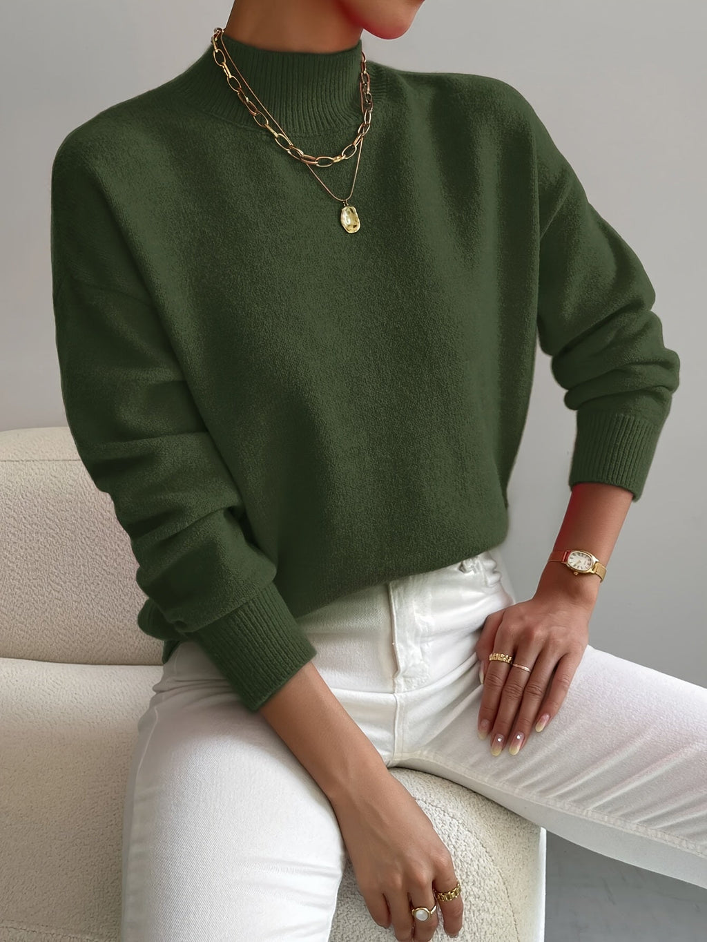 Women's Relaxed High Neck Sweater – Loose Fit Winter Knit Pullover