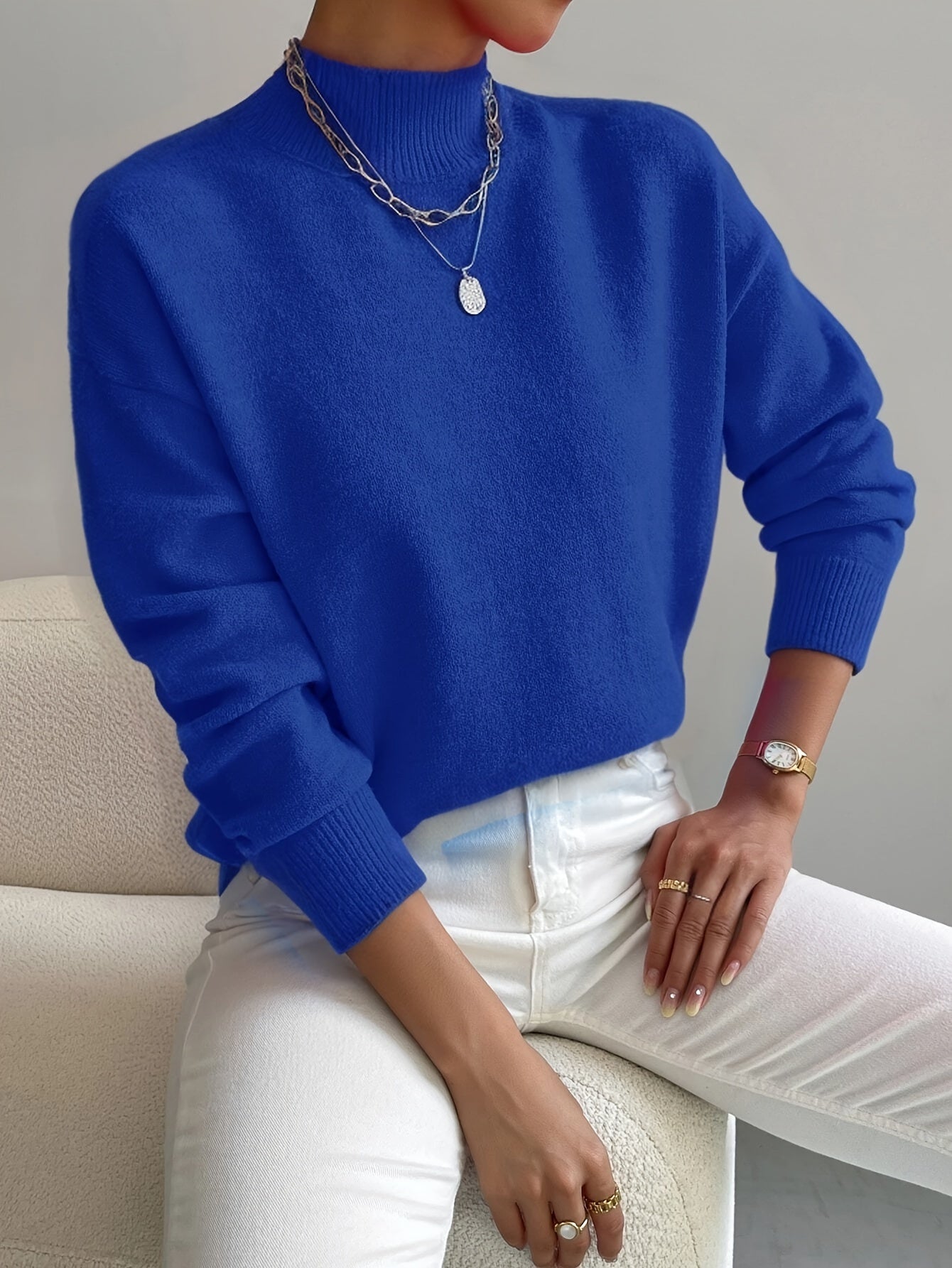 Women's Relaxed High Neck Sweater – Loose Fit Winter Knit Pullover