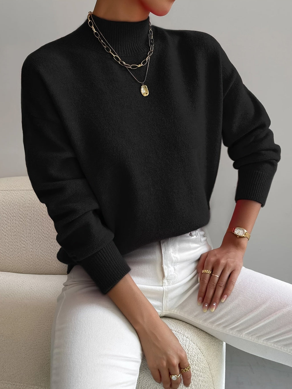 Women's Relaxed High Neck Sweater – Loose Fit Winter Knit Pullover