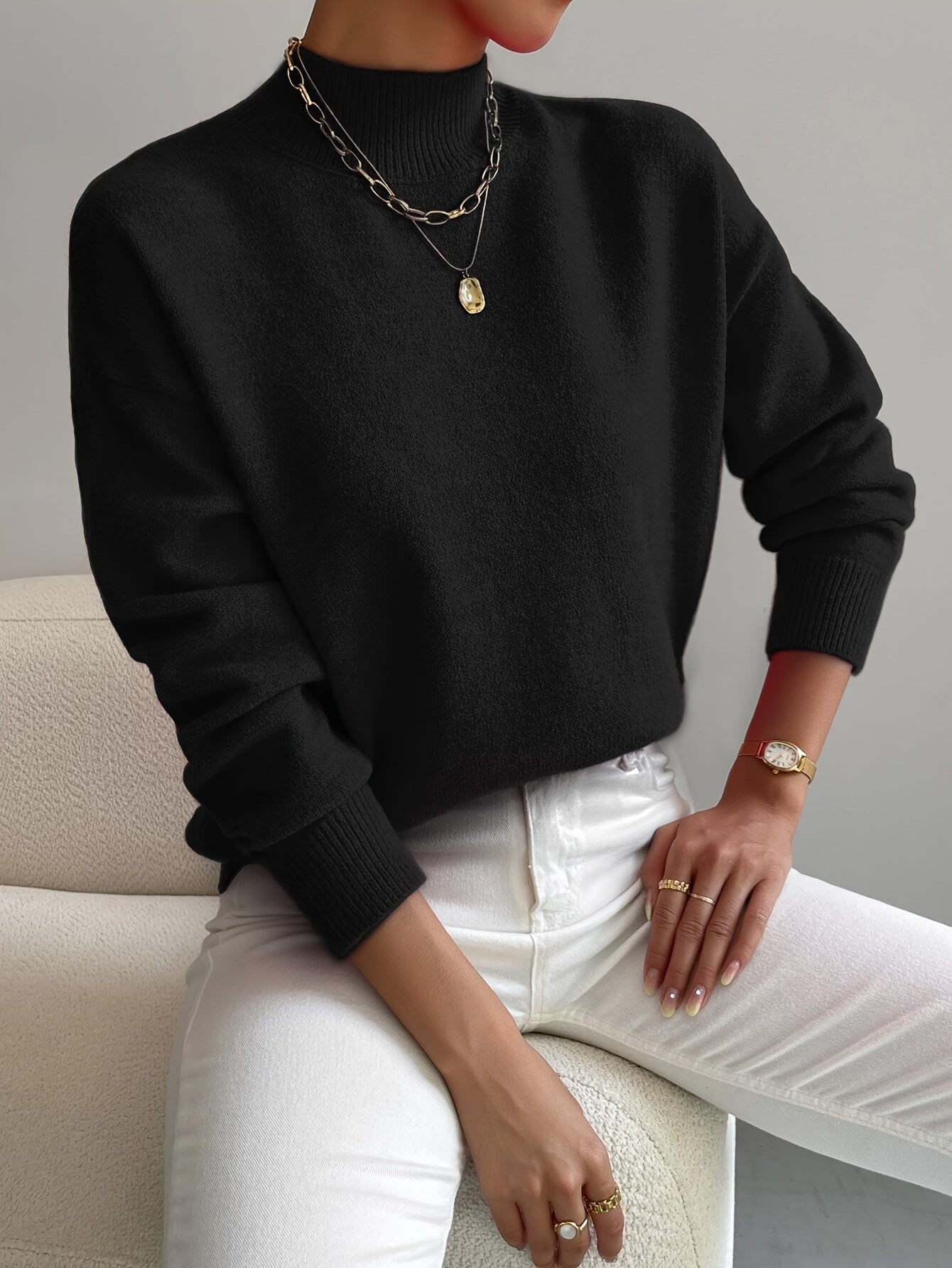 Women's Relaxed High Neck Sweater – Loose Fit Winter Knit Pullover