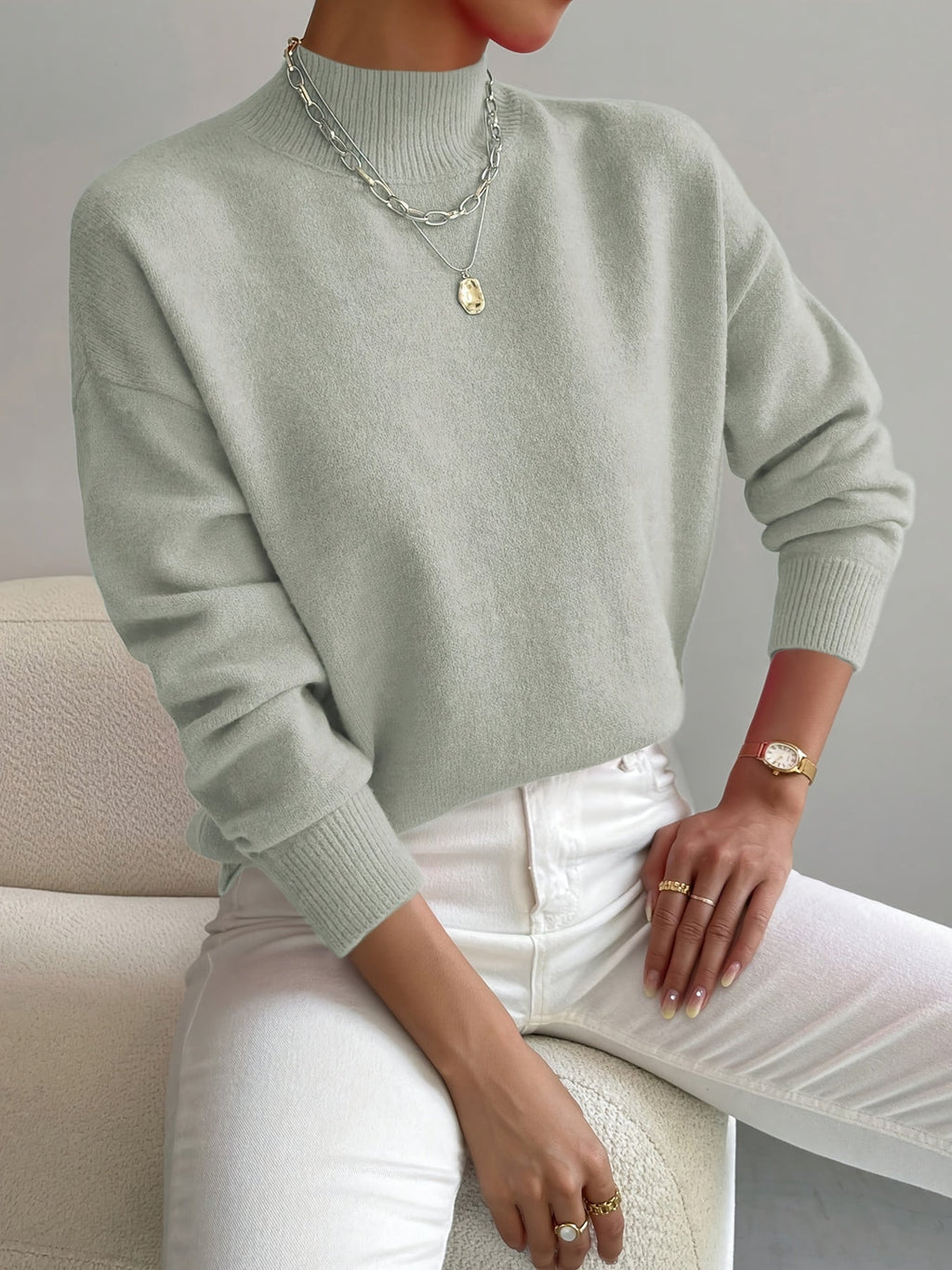 Women's Relaxed High Neck Sweater – Loose Fit Winter Knit Pullover