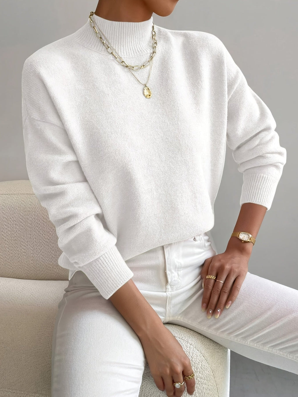 Women's Relaxed High Neck Sweater – Loose Fit Winter Knit Pullover
