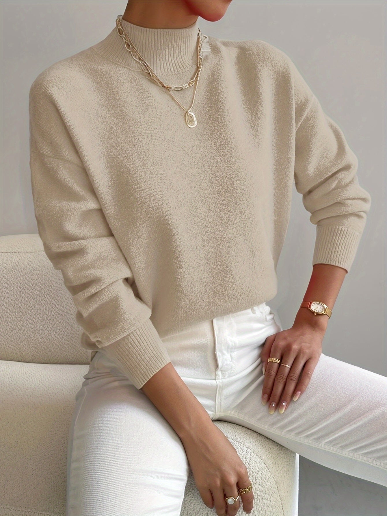 Women's Relaxed High Neck Sweater – Loose Fit Winter Knit Pullover