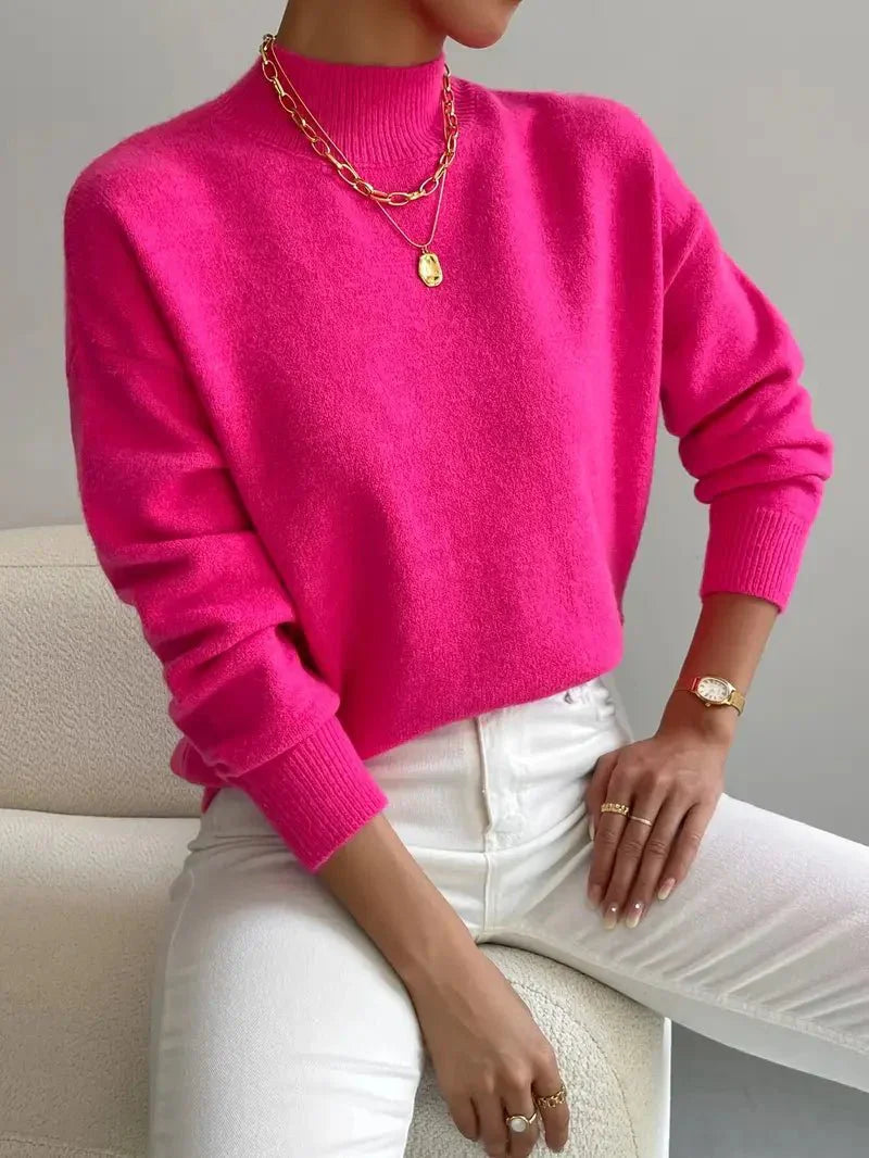Women's Relaxed High Neck Sweater – Loose Fit Winter Knit Pullover