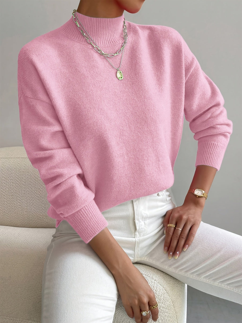Women's Relaxed High Neck Sweater – Loose Fit Winter Knit Pullover