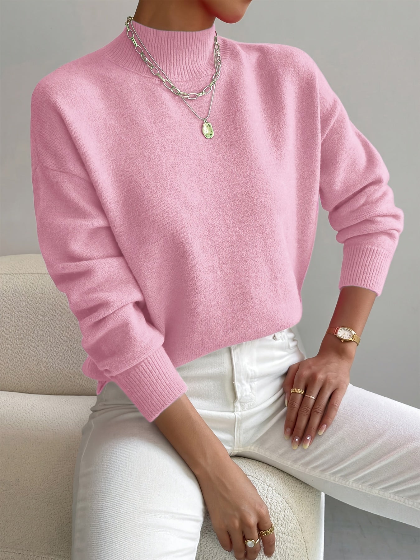Women's Relaxed High Neck Sweater – Loose Fit Winter Knit Pullover