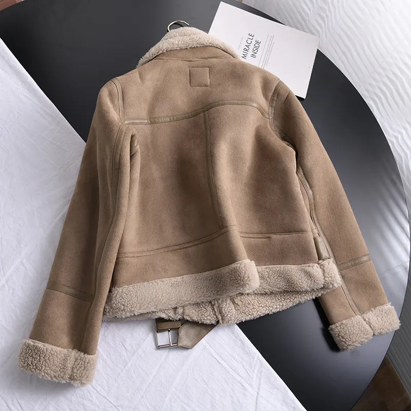 Women's Faux Shearling Jacket – Cropped Winter Aviator Jacket