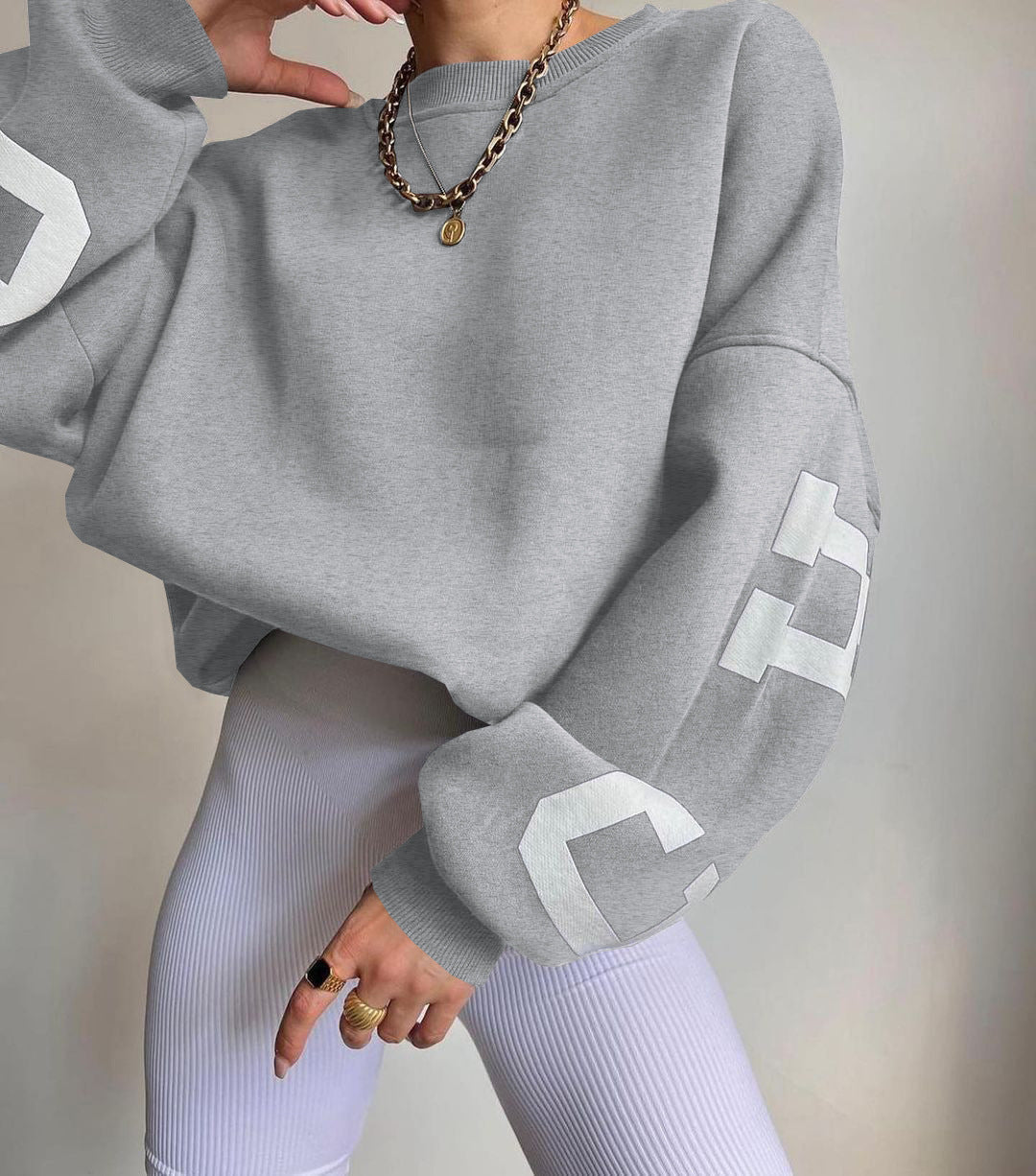 Women's Graphic Sleeve Sweater – Relaxed Crew Neck Pullover Sweater