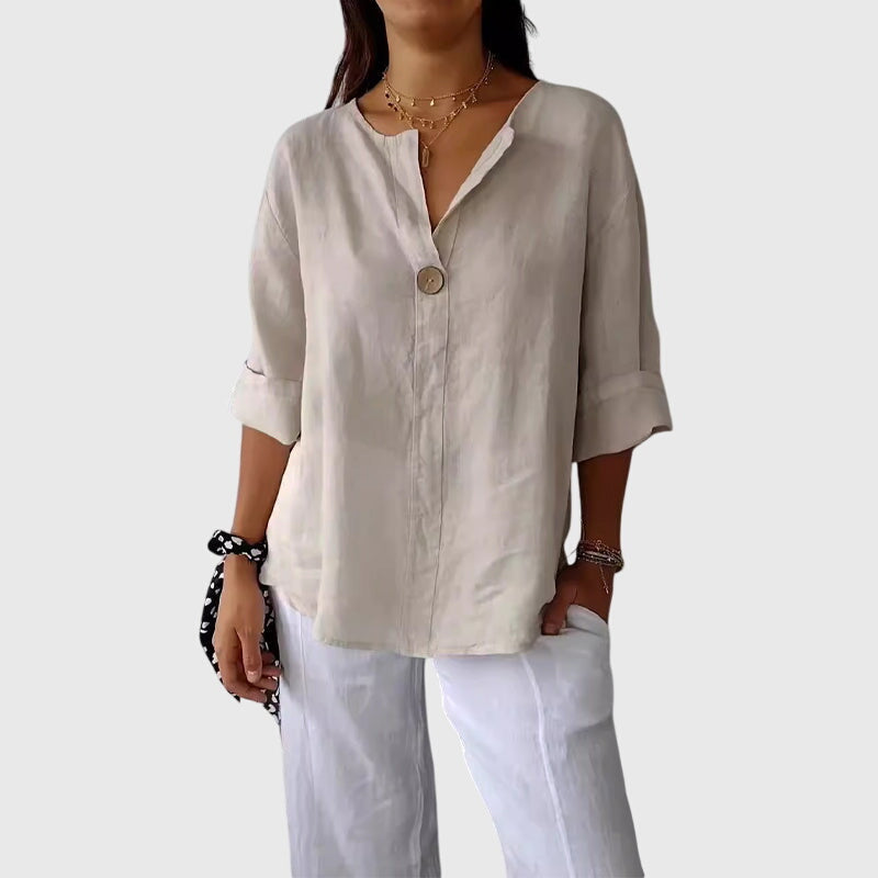 Women’s V-Neck Blouse – Button Detail Elegant Everyday Blouse – Natalie