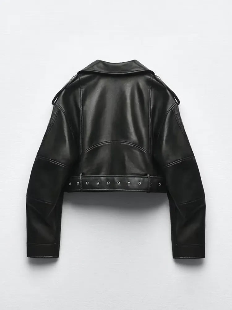 Women's Faux Leather Biker Jacket – Belted Cropped Moto Jacket