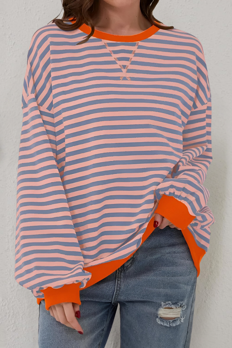 Women's Striped Sweatshirt – Crew Neck Long Sleeve Pullover