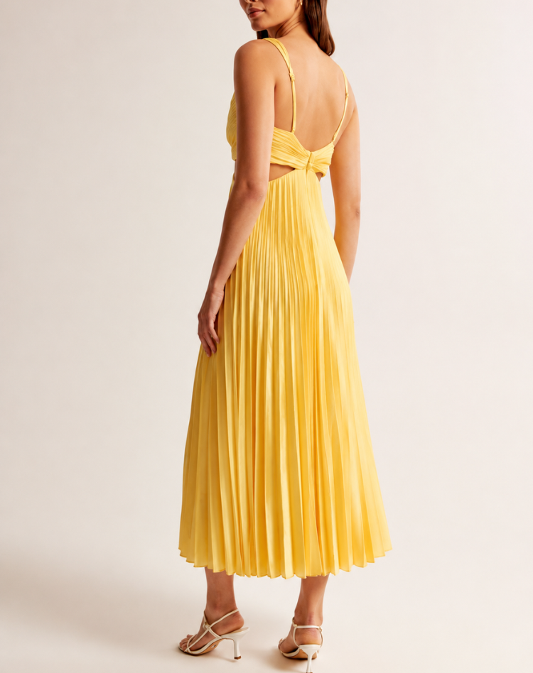 Women's Deep V-Neck Pleated Midi Dress – Side Cutout Cocktail Dress