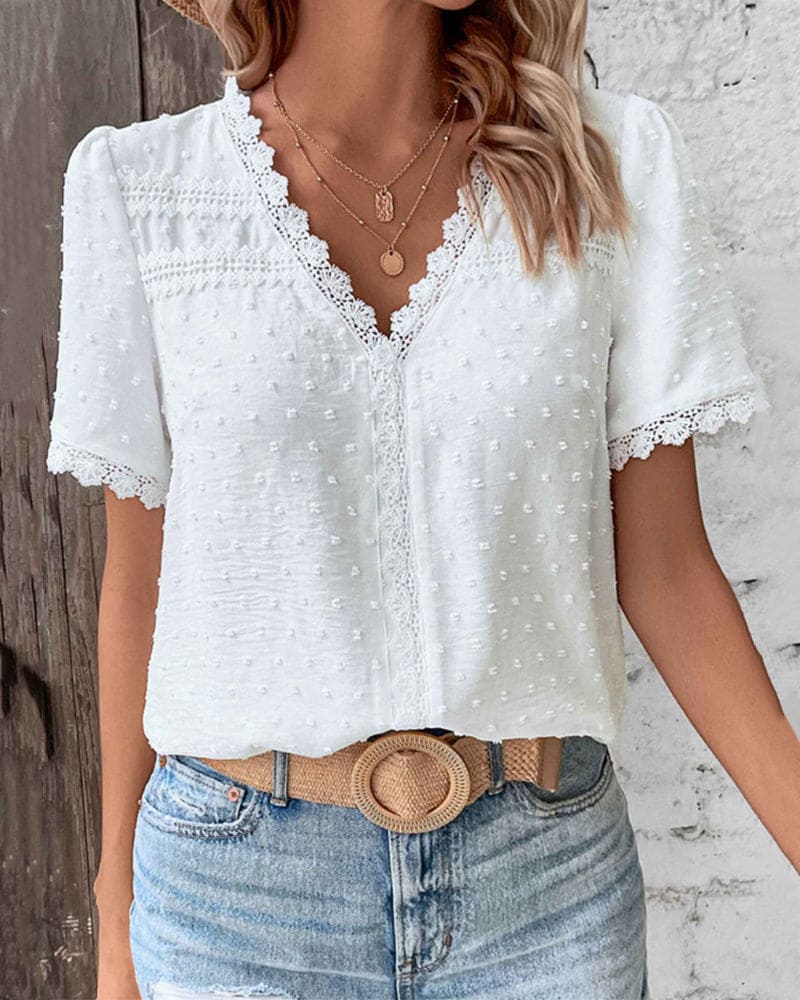 Women's Lace V-Neck Blouse – Short Sleeve Lace Detail Blouse