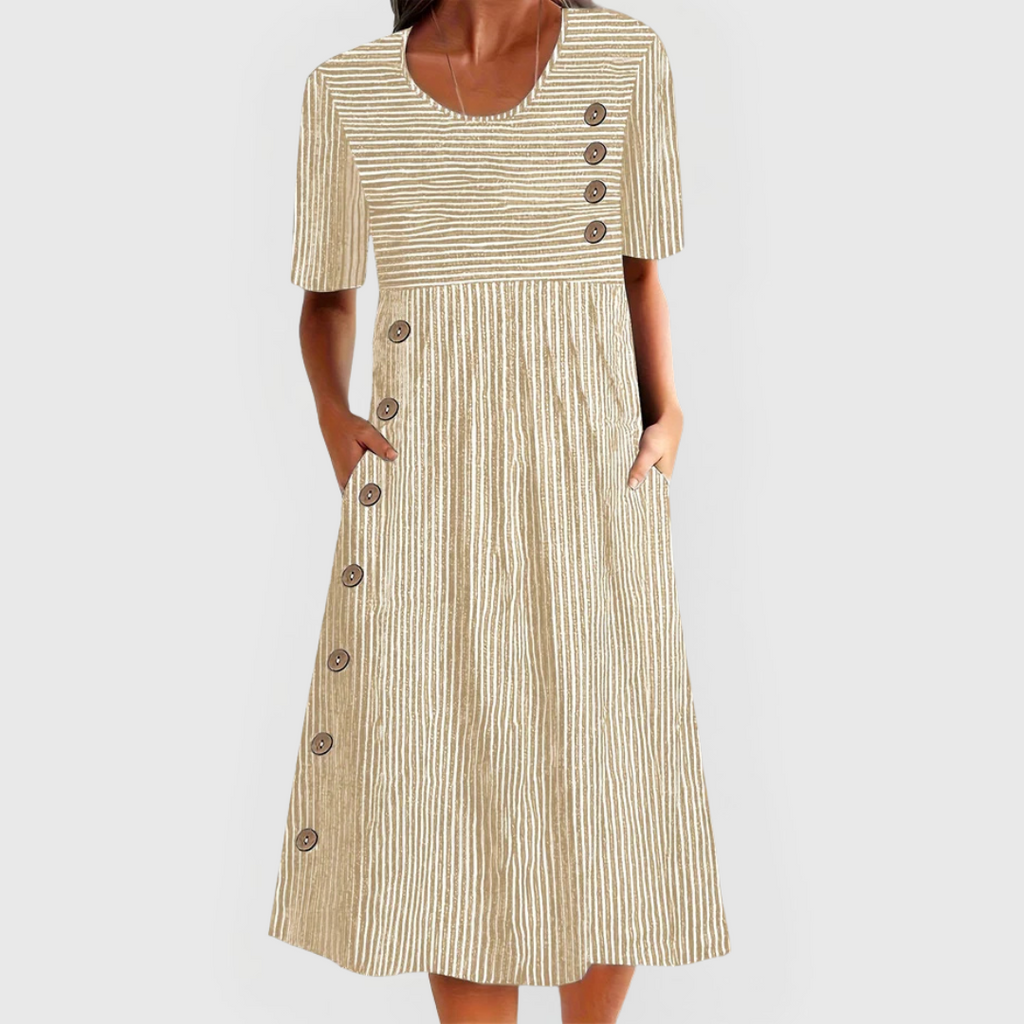 Women's Striped Midi Dress – Three-Quarter Sleeve Flowy Dress