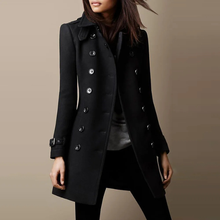 Women's Double-Breasted Mid-Length Coat – Tailored Button Front Coat