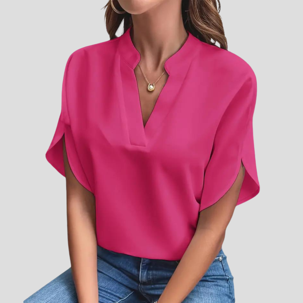 Women's Stand Collar Blouse – Short Sleeve V-Neck Summer Blouse