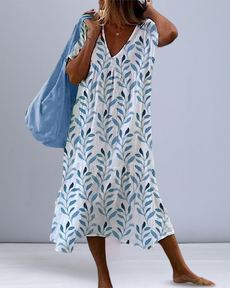 Women's Printed Midi Dress – Leaf Print Summer Dress – Serphine