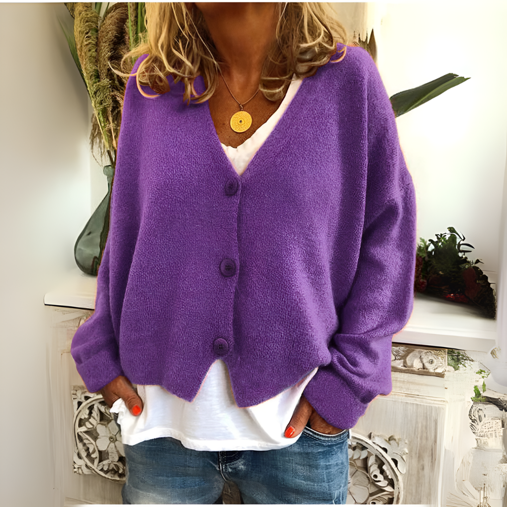 Women's V-Neck Button Cardigan – Relaxed Long Sleeve Knit Cardigan