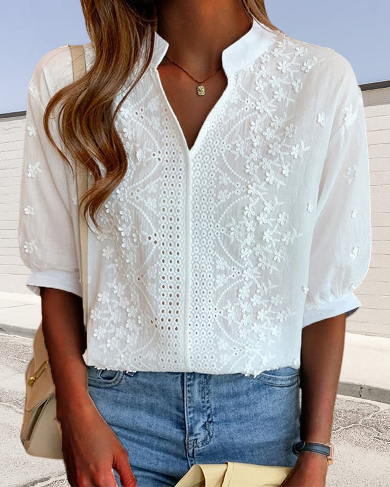Women's Puff Sleeve V-Neck Blouse – Relaxed Long Sleeve Blouse