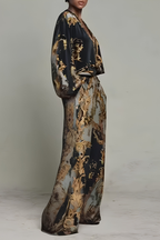 Women's Long Sleeve Printed Jumpsuit – Baroque Pattern Flowy Wide Leg Jumpsuit
