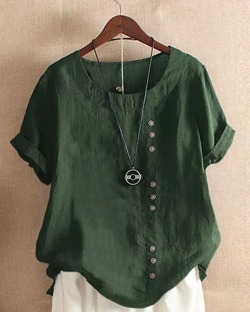 Women's Casual Blouse with Rolled Sleeves and Front Buttons