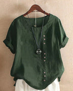 Women's Casual Blouse with Rolled Sleeves and Front Buttons