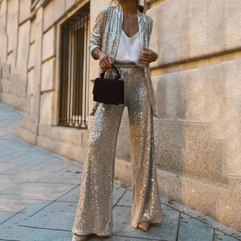 Women's Sequin Pants Set – Fitted Top High Waist Party Set