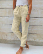Women's Straight Leg Drawstring Pants – Elastic Waist Casual Pocket Trousers
