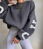 Women's Graphic Sleeve Sweater – Relaxed Crew Neck Pullover Sweater
