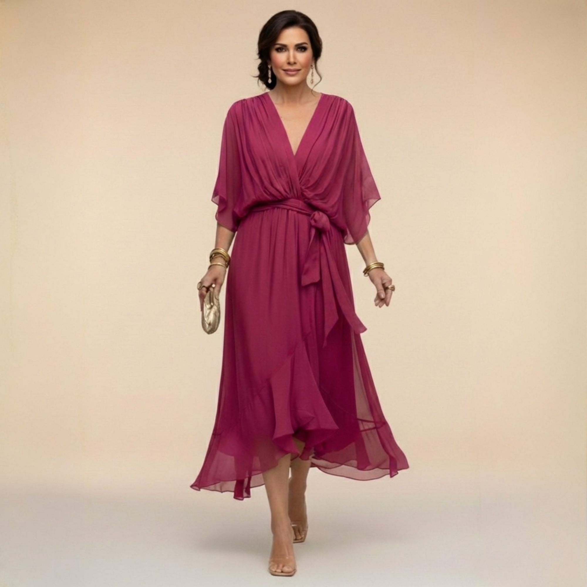 Women's V-Neck Chiffon Dress – Flowy Long Sleeve Occasion Dress