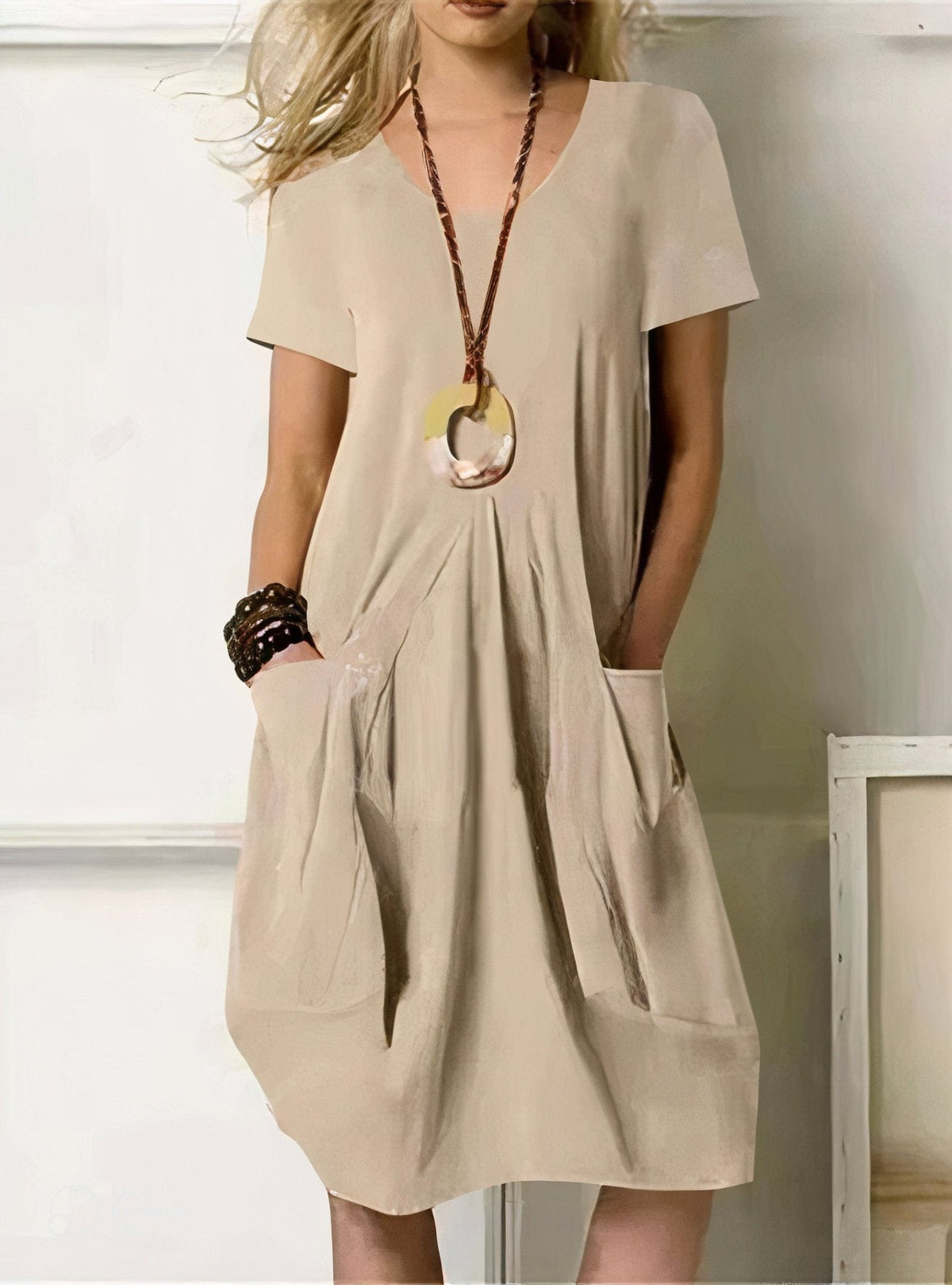 Women's A-Line Midi Dress – Round Neck Pocket Day Dress