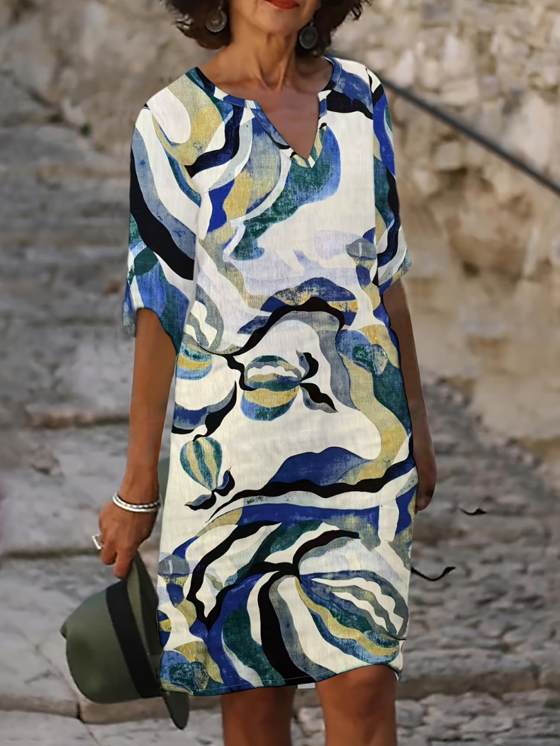 Women's Printed Summer Dress – V-Neck Three-Quarter Sleeve Dress