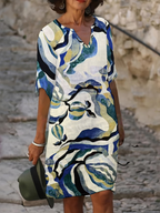Women's Printed Summer Dress – V-Neck Three-Quarter Sleeve Dress