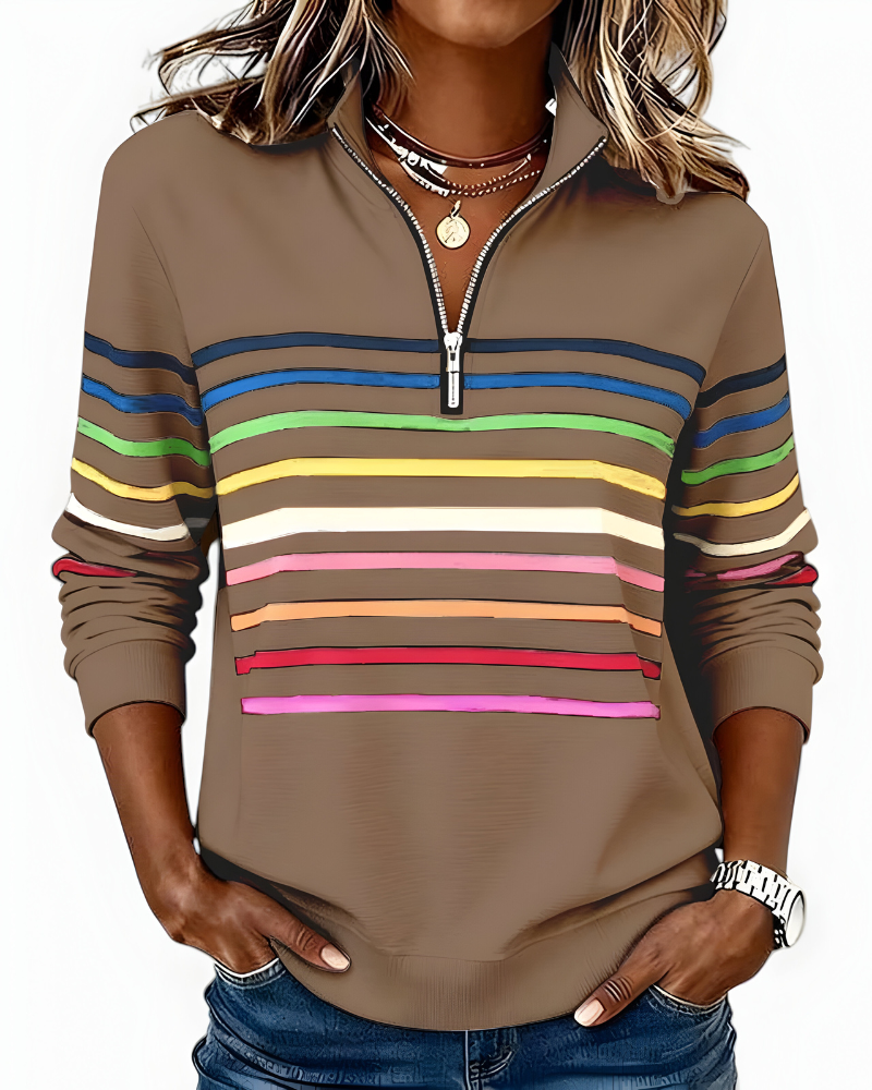 Women's Striped Zip Sweater – High Neck Zip Front Pullover