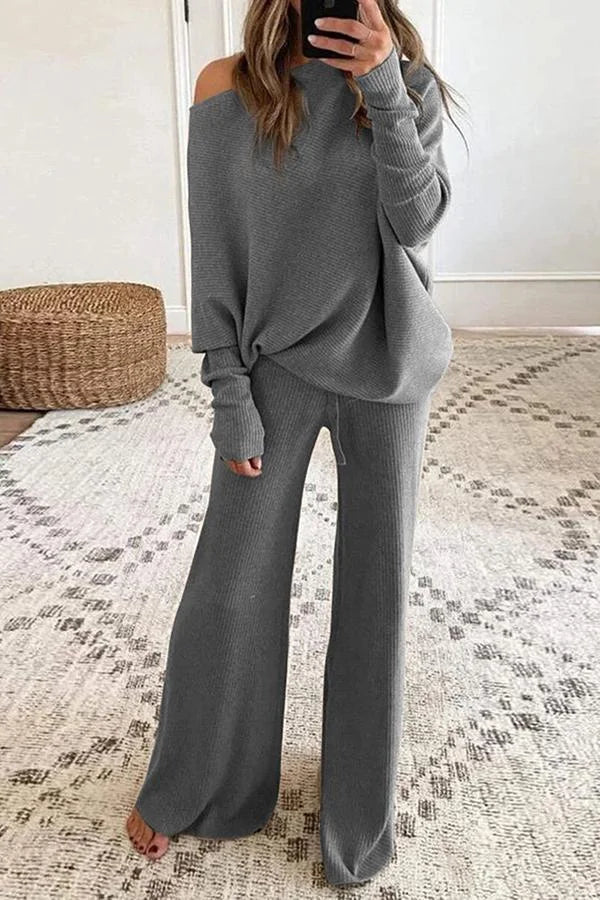 Women's Knit Pants Set – Long Sleeve Top & Matching Wide Leg Trousers