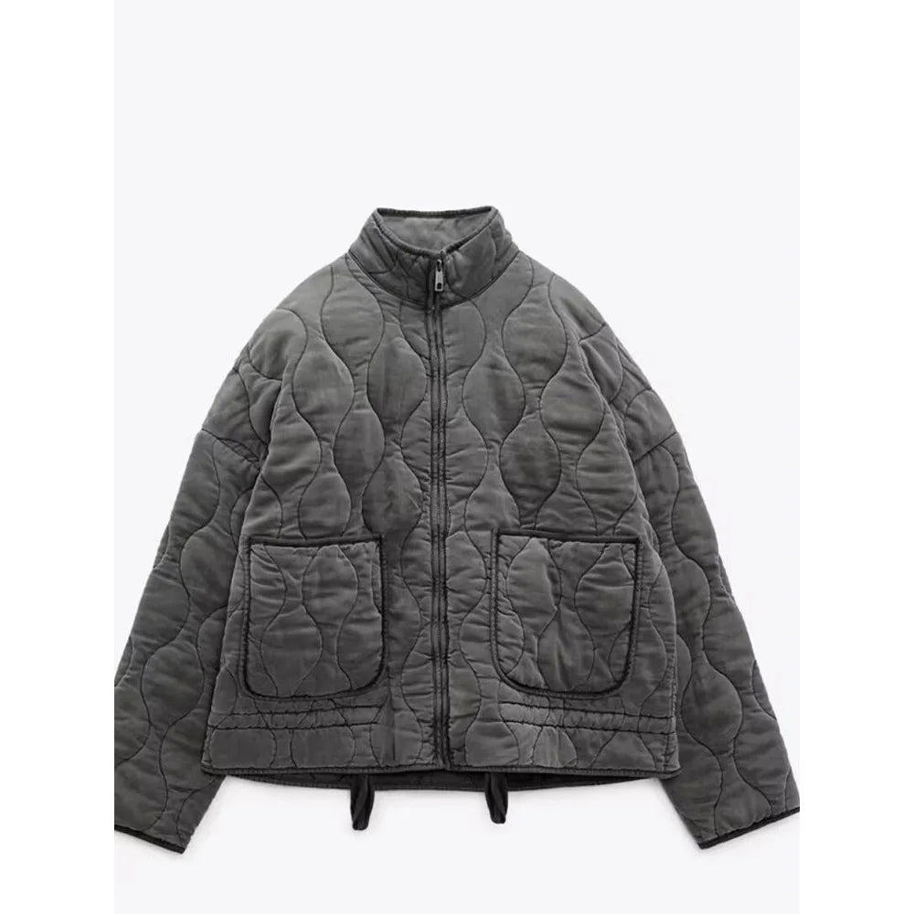 Women's Vintage Winter Jacket – Drawstring Pocket Zip-Up Jacket