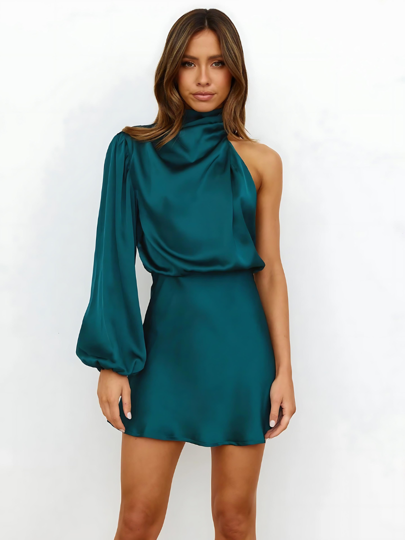 Women's One Shoulder Dress – Asymmetrical Puff Sleeve Cocktail Dress