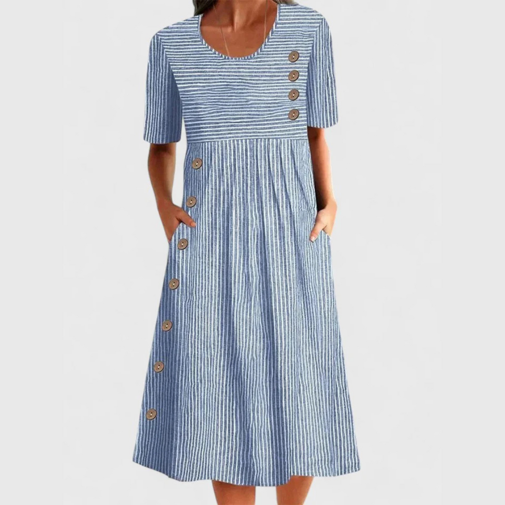 Women's Striped Midi Dress – Three-Quarter Sleeve Flowy Dress