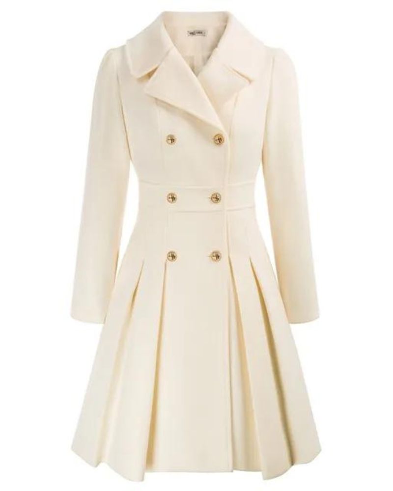 Women's Pleated Long Coat – Tailored Button Front Winter Coat