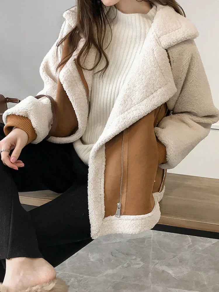 Women's Patchwork Fleece Jacket – Oversized Pocket Winter Jacket