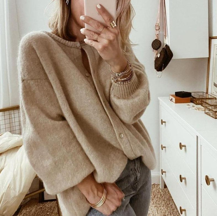 Women's Ribbed Neck Cardigan – Oversized Statement Sleeve Cardigan