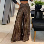 Women's Sequin Flared Palazzo Pants – High Waist Glitter Party Trousers