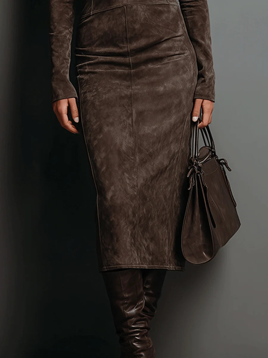 Women's Suede Effect Midi Dress – Elegant High Neck Dress