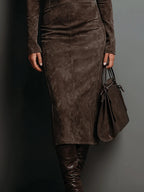 Women's Suede Effect Midi Dress – Elegant High Neck Dress