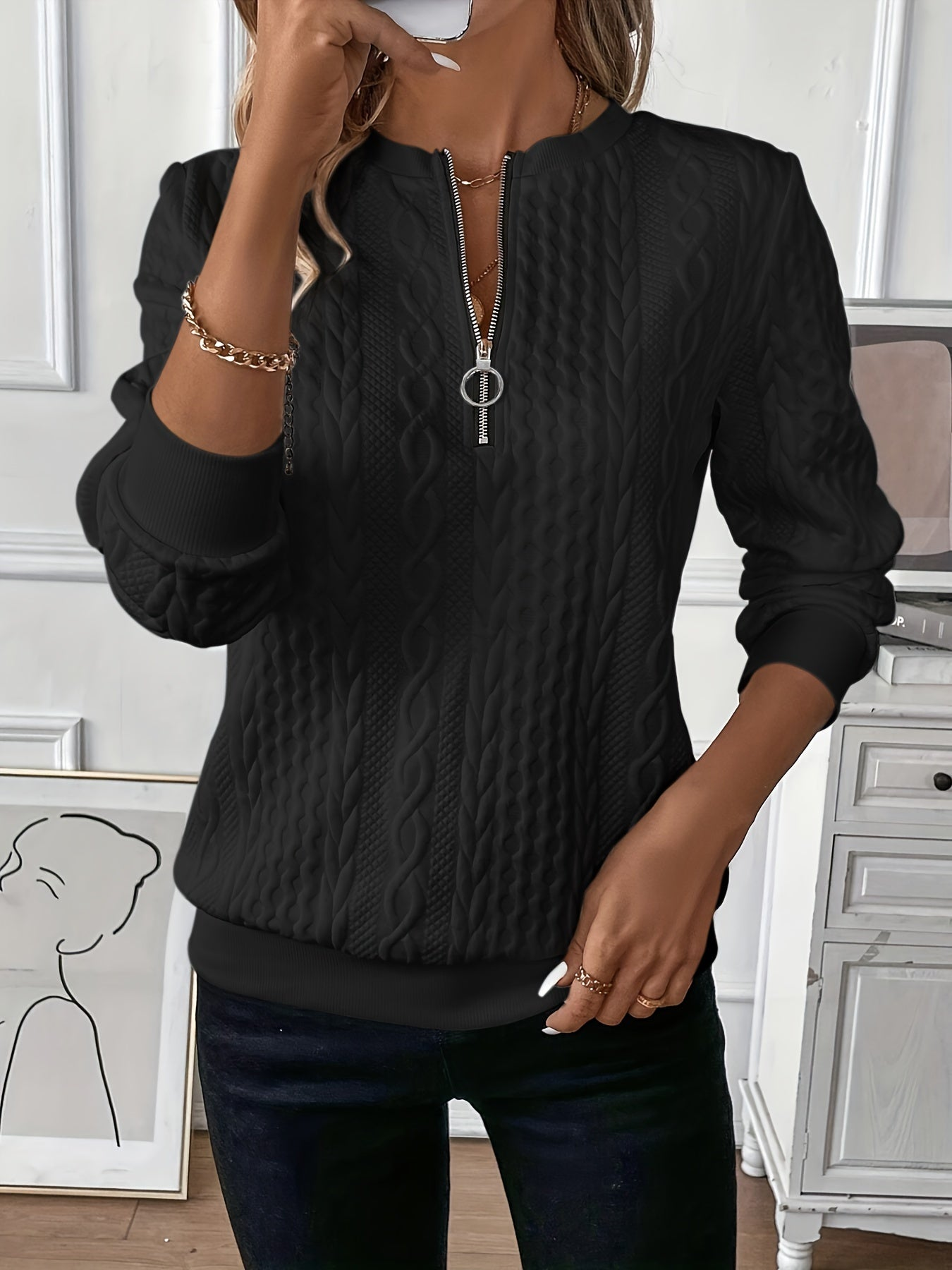 Women's Zip Front Sweater – Long Sleeve High Neck Knit Pullover