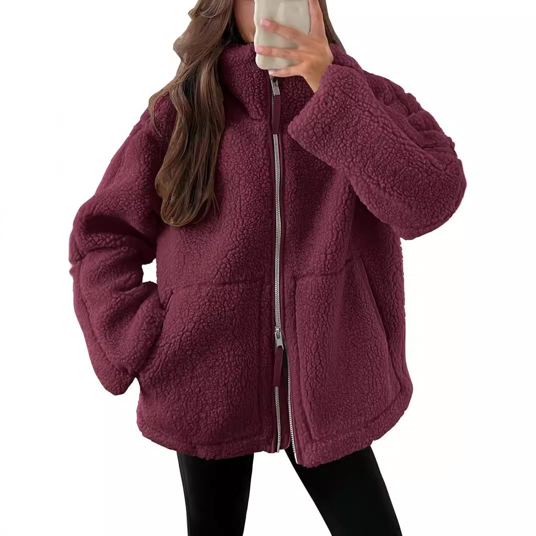 Women's Oversized Fleece Jacket – Zip-Up Long Sleeve Winter Jacket